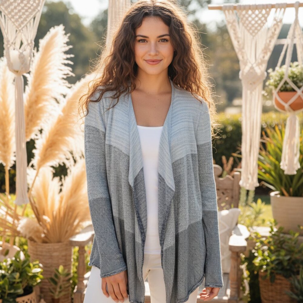 Lou Grey M Blue Gray Colorblock Draped Cardigan Sweater Cottage Boho Cozy‎ Comfy